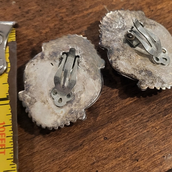 Vintage Angeline Miller Navajo Native American Silver Clip On Onyx Earrings - Picture 4 of 4